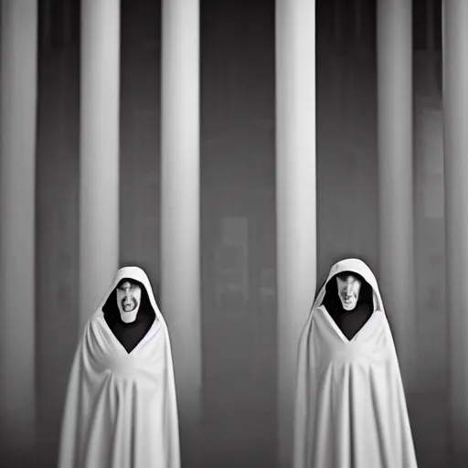 Image similar to nightmare vision, medium depth of field. black and white, award winning photo of smiling levitating twin nuns, wearing translucent sheet, Mary in a sanctuary, mirror hallways, eerie, tall columns, faces emerging from columns, frightening —width 1024 —height 1024