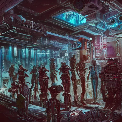 Image similar to highly detailed crowded future apartment complex, punk, grunge, jim henson creature shop, robots humans and extraterrestrials, inside a crowded space station, 1 9 8 0 s science fiction, 1 9 7 0 s science fiction, alien 1 9 7 9, cyberpunk, 3 d oil painting, depth perception, 4 k, artstation