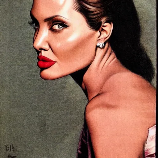 Image similar to Angelina Jolie portrait, color vintage magazine illustration 1950