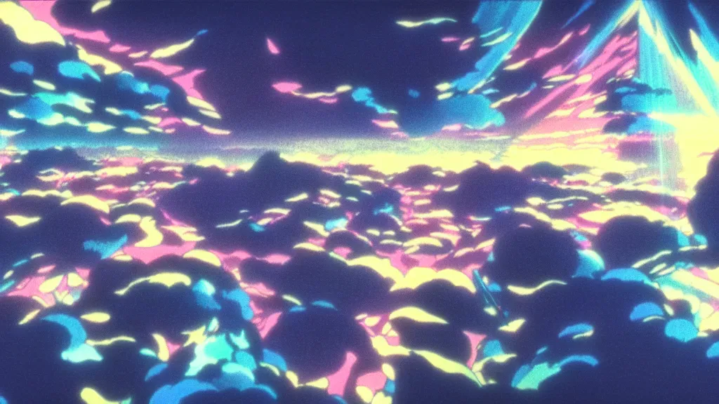 Prompt: volumetric iridescent light, anime film still from the an anime directed by katsuhiro otomo with art direction by salvador dali, wide lens