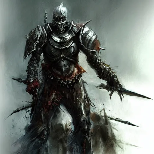 Prompt: Concept art, zombie knight warrior, artstation trending colaboration with Joseph Mallord William Turner and Luis Royo, highly detailded