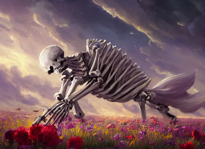 Image similar to a knight's skeleton killed long ago lays in a vast flower field in the cosmic sky by vladimir volegov and alexander averin and peder mørk mønsted and ross tran and raphael lacoste