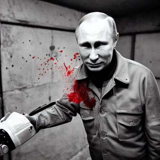 Image similar to putin with a chainsaw. in a concrete bunker with a pile of corpses. focus on putins face with blood splatters. canon eos r 3, f / 1. 4, iso 1 6 0 0, 1 / 8 0 s, 8 k, raw, grainy