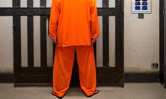 Prompt: full distant shot of a dirty jail cell in guantanamo bay prison with donald trump wearing an orange jump suit crying in it, photograph, realistic, dramatic lighting