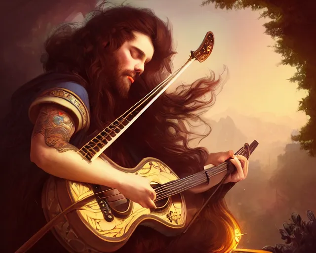 Image similar to photography of a bard with an axe guitar 8 k, deep focus, d & d, fantasy, intricate, elegant, highly detailed, digital painting, artstation, concept art, matte, sharp focus, illustration, hearthstone, art by artgerm and greg rutkowski and alphonse mucha