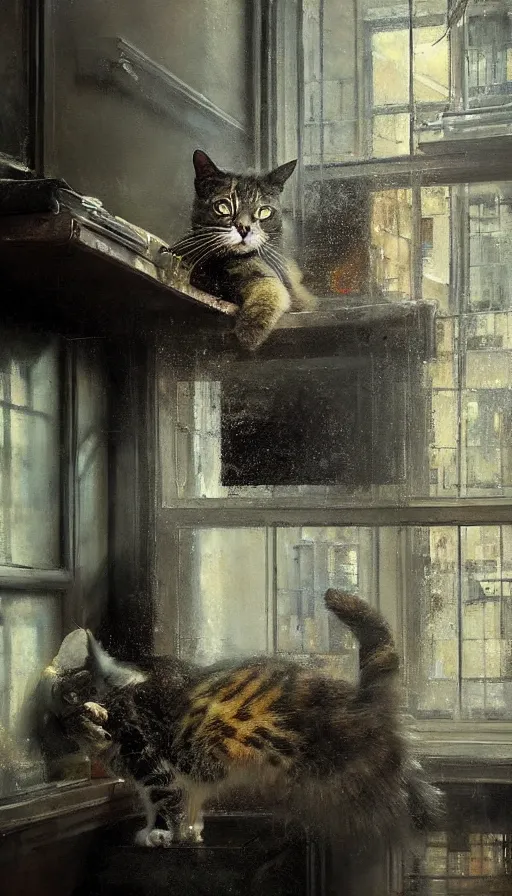 Image similar to a dramatic portrait of a cat inside a modern apartment, intricate oil painting, hyperdetailed, ethereal, cinematic, dramatic lighting, by jeremy mann and julius adam ii