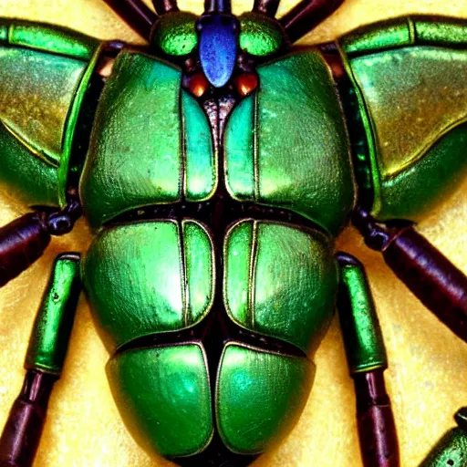 Prompt: a close up of a green and gold bug, an art deco sculpture by louis comfort tiffany, trending on cgsociety, cloisonnism, made of insects, steampunk, art deco