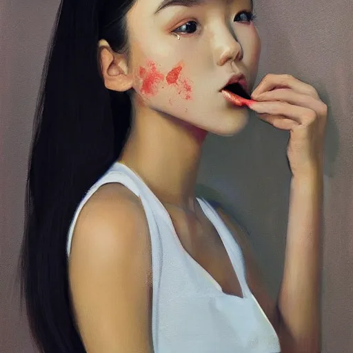 Image similar to oil painting by ilya kuvshinov,, baugh casey, rhads, coby whitmore, of a youthful japanese beauty, long hair, standing eating a pushpop outdoors by vending machines, highly detailed, breathtaking face, studio photography, dawn, intense subsurface scattering, blush, supple look, innocence, intense sunlight