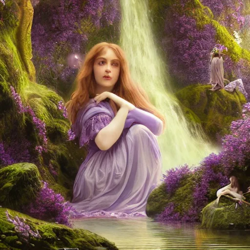 Prompt: a cinematic portrait of a romantic pre - raphaelite purple styled fairy surrounded by amethysts, sitting in a mystical waterfall cave, lilac sunrays, matte painting, highly detailed, 8 k