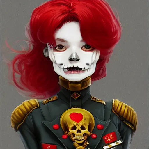 Prompt: cute & beautiful smug smiling undead skeleton girl with very attractive face and red hair dressed as a soviet mitary officer, elegant, digital art, fullbody painting, fantasy, pixar style, painting, pin up, highly detailed, artstation, art by artgerm, vrubel, greg rutkowski, ilya kuvshinov, raymond swanland