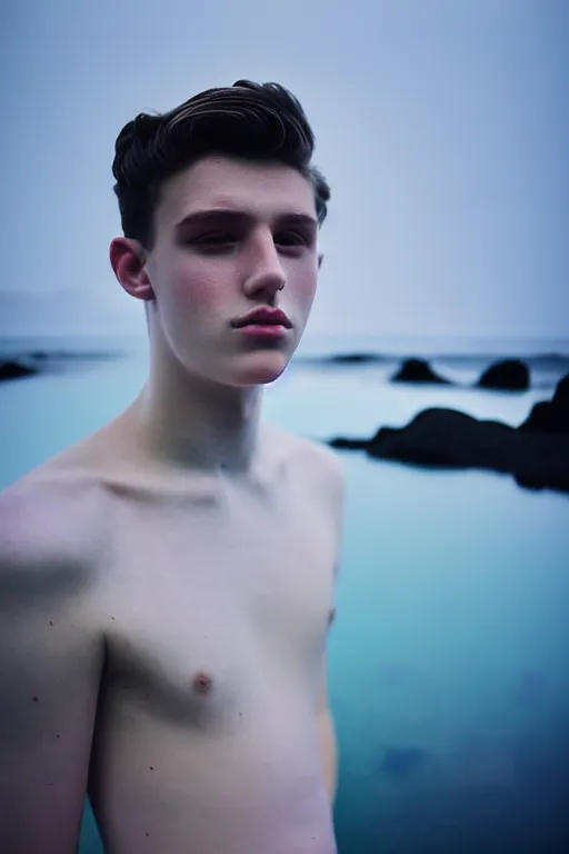 Prompt: high quality pastel coloured film mid angle docu photograph of a beautiful young 2 0 year old male, soft features, short black hair, resting in an icelandic black rock pool environment. atmospheric. three point light. photographic. art directed. ( pastel colours ). volumetric light. clearcoat. waves glitch. 8 k. filmic.