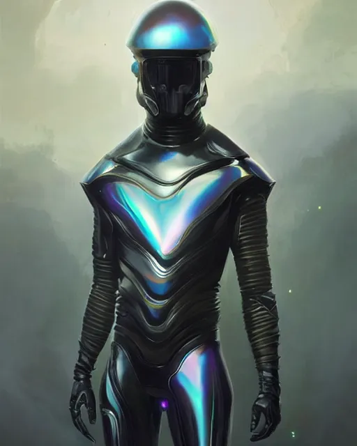 Image similar to iridescent sinewy smooth muscular male sleek glossy black pearlescent scifi armor with smooth black featureless helmet, by greg rutkowski, mark brookes, tom bagshaw, magali villeneuve, trending on artstation