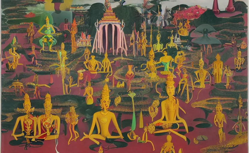Prompt: photograph of sri lankan thai temple complex designed by yves tanguy, mark rothko, man ray, salvador dali, max ernst