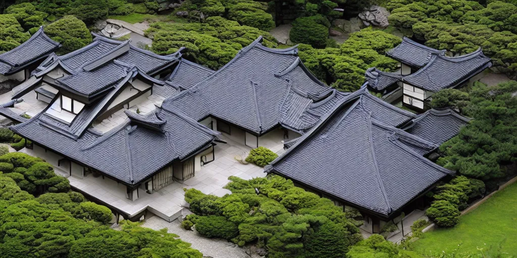 Image similar to large residence, japanese style, flared japanese black tile roof, cascadian, elegant