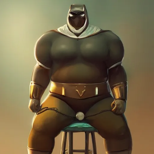 Image similar to a insanely detailed painting of a fat masked superhero wearing a costume sitting at a desk, staring at the nervously at the computer and clicking on the mouse, in the style of peter mohrbacher, dramatic lighting and composition, trending on artstation, concept art, comic book
