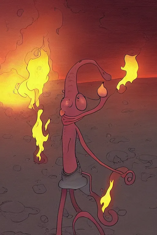 Image similar to squidward firebending outside at susnset, art by [ [ moebius ] ]