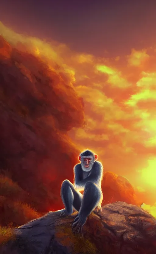 Prompt: photorealistic portrait of Sun Goku the Monkey on his staff meditating on a steep hill Infront of a yellow and red sunset, digital photorealistic art, concept art, trending on art station