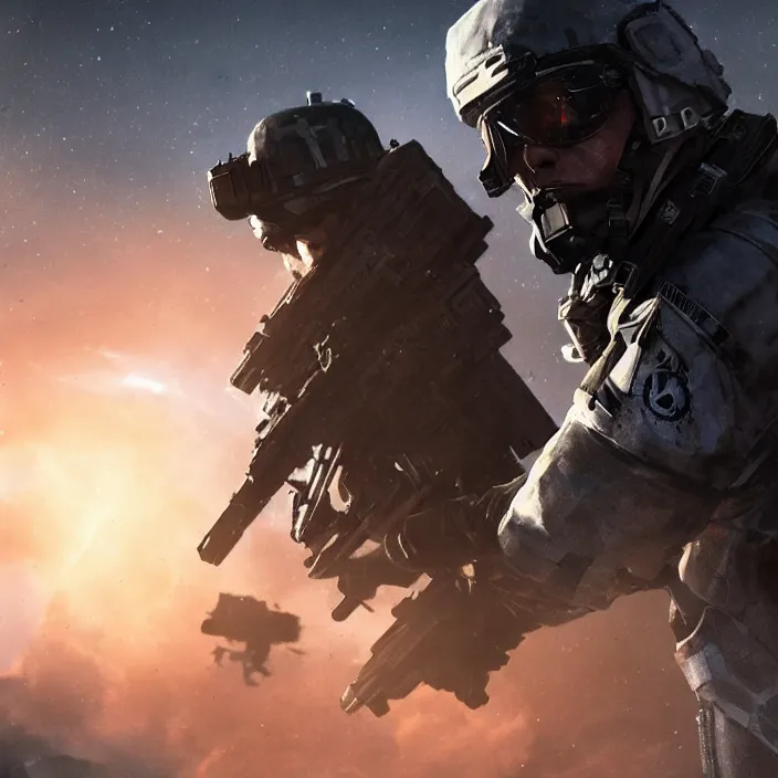 Prompt: cinematic, beautiful lighting, call of duty ghost soldier looking out into the vastness of space, digital art