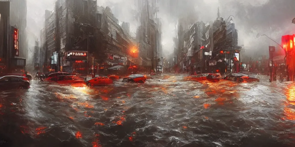 Prompt: hollywood boulevard hit by a biblical flood during a storm, dramatic lighting, beautiful, stunning landscape artwork by artgerm, rutkowski, wlop featured on artstation, cgsociety, behance hd