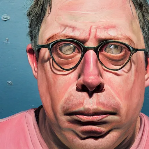 Image similar to high quality high detail painting of todd solondz portrait, sad, showing strong repulsion, pain, no fun ; full of sorrow, by lucian freud and francis bacon, hd, photorealistic lighting