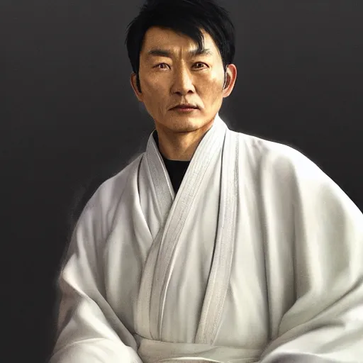 Image similar to portrait painting of a 3 5 - year - old chinese man, taoist priest, dressed in taoist robe, like andy lau, immortal bone, affable ， wenjun lin, unreal engine 5 highly rendered, global illumination, radiant light, detailed and intricate environment