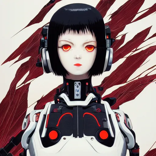 Image similar to A cyborg girl with big and cute red eyes, fine-face, realistic shaded perfect face, fine details. red, black and white robotic parts. Very very anime. Realistic shaded lighting poster by Ilya Kuvshinov katsuhiro otomo ghost-in-the-shell, magali villeneuve, artgerm, Jeremy Lipkin and Michael Garmash, Rob Rey and Kentarõ Miura style, trending on art station