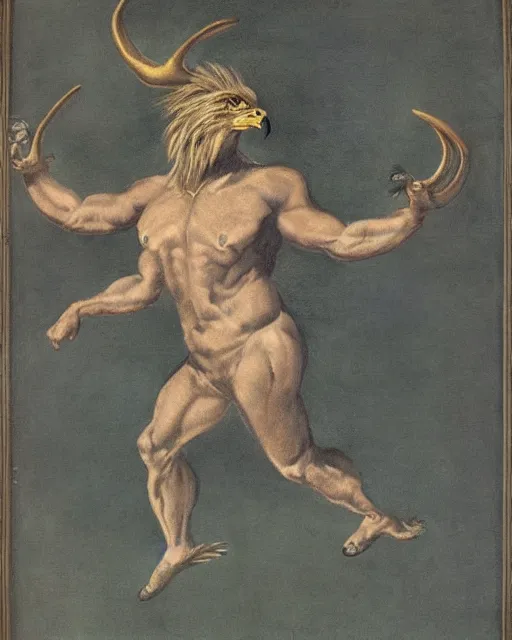 Image similar to human / eagle / lion / ox hybrid with two horns, one big beak, mane, human body. drawn by francis bacon