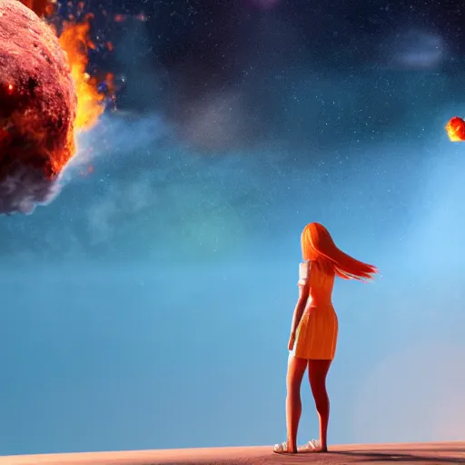 Image similar to a girl on a hill watching a flaming asteroid fall from space, octane render very realistic beatiful 8k digital art