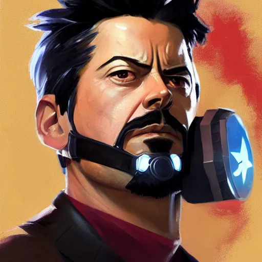 Image similar to greg manchess portrait painting of tony stark as overwatch character, totally whack, medium shot, asymmetrical, profile picture, organic painting, sunny day, matte painting, bold shapes, hard edges, street art, trending on artstation, by huang guangjian and gil elvgren and sachin teng