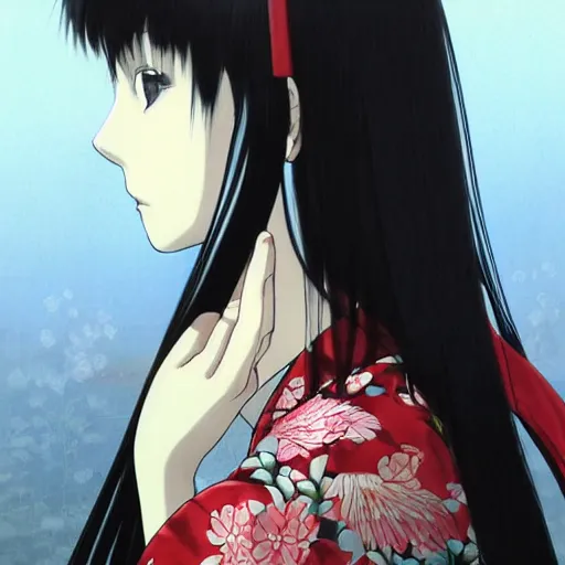 Prompt: advanced digital anime art, photograph , elegant woman with silver and red eyes wearing a kimono and cutting long black hair with a katana while looking into the reflection of a glass window, painted by Miyazaki Hayao in the style of Makoto Shinkai, very high detail, medium sensor , Gaussian blur, f/stop, 35mm —W 1920 —H 1080