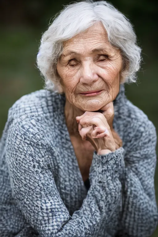 Prompt: older woman ( ( ( ( ( wrinkled ) ) ) ) ) wistful expression european sigma 1 0 5 mm f 2. 8 outdoors