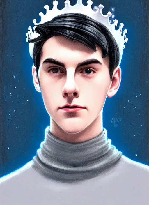 Image similar to portrait of teenage jughead jones wearing a light grey crown, crown, blue turtleneck, 1 9 5 0 s, closed eyes, photorealistic, black hair, glowing lighting, intricate, elegant, glowing lights, highly detailed, digital painting, artstation, concept art, smooth, sharp focus, illustration, art by wlop, mars ravelo and greg rutkowski