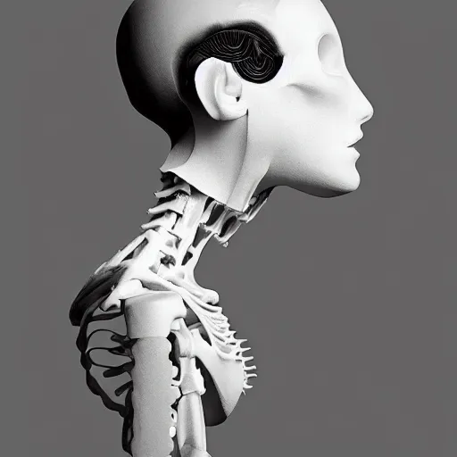 Image similar to black and white dreamy foggy smoky profile face portrait, single skeletal biomechanical beautiful young female cyclops - cyborg - robot bust, body ribs meshes,, volumetric light, rim light, by dora maar and cecile beaton, big gothic fashion pearl embroidered collar, 8 k