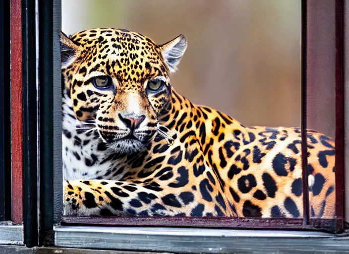 Image similar to photography of a Jaguar Cat . watching outside the window. on a bed. in a 70's room full of vinyls and posters, photorealistic, award winning photo, 100mm, sharp, high res