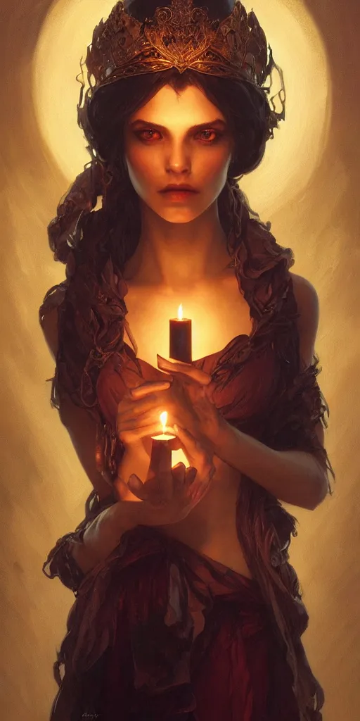 Image similar to very beatiful girl close to a candle in dark room, queen of the damned dramatic light, highly detailed, digital painting, artstation, concept art, sharp focus, illustration, art by artgerm and greg rutkowski and alphonse mucha