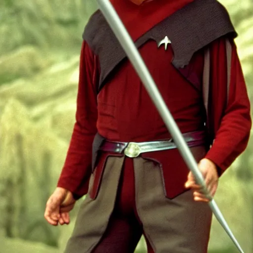 Prompt: Aragorn as Scotty on Star Trek: The Original Series, red shirt, no crop, face visible, sharp focus, high quality, very realistic, 4k