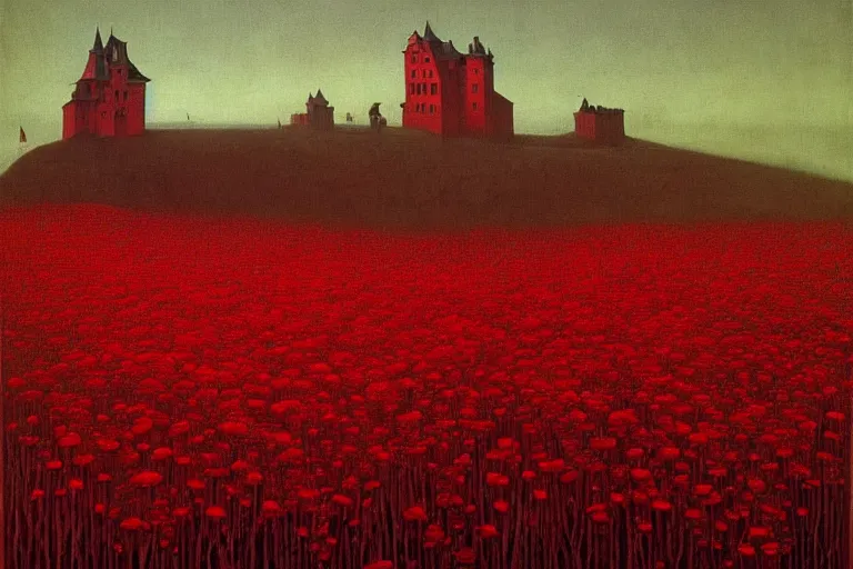Image similar to only with red, red flowers, a red tiger, a castle in the background, medieval demons, an ancient path, in the style of beksinski, part by hopper, part by rodcenko, part by hofbauer, intricate composition, red by caravaggio, insanely quality, highly detailed, masterpiece, red light, artstation
