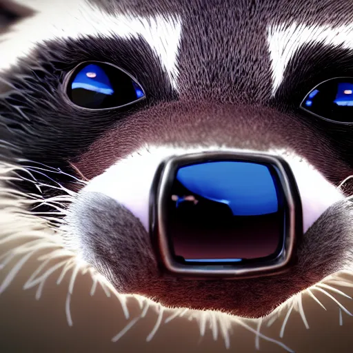 Image similar to a hyperrealistic octane render of a raccoon with camera lenses for eyes, photorealism, unreal engine, dramatic lighting, volumetric lighting, uplighting