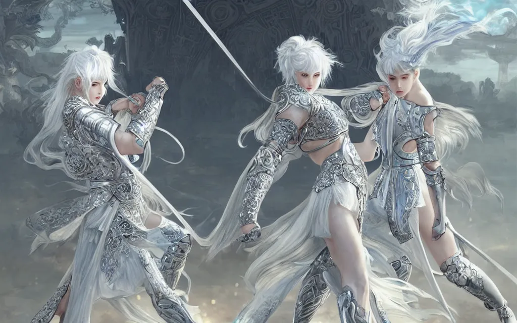 Image similar to white hair knights of zodiac girl, sliver ice color reflected armor, kung fu fighting and kickboxing in ruined agora of athens sunrise, ssci - fi and fantasy, intricate and very very beautiful and elegant, highly detailed, digital painting, artstation, concept art, smooth and sharp focus, illustration, art by tian zi and wlop and alphonse mucha