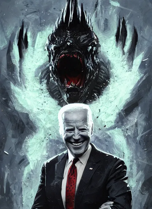 Prompt: dark Joe Biden grinning emperor of the world with big american devil horns, high contrast, cosmic horror, abstract, masterpiece, trending on ArtStation, by Greg Rutkovski and by Craig Mullins and by David Cronenberg and by Ismail Inceoglu