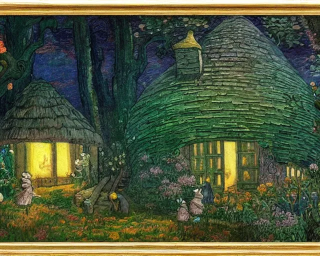 Prompt: mysterious detailed painting of a cozy english cottage in the woods at night, surrounded by giant glowing mushrooms, in the style of studio ghibli and moebius and claude monet and edward hopper and vincent van gogh
