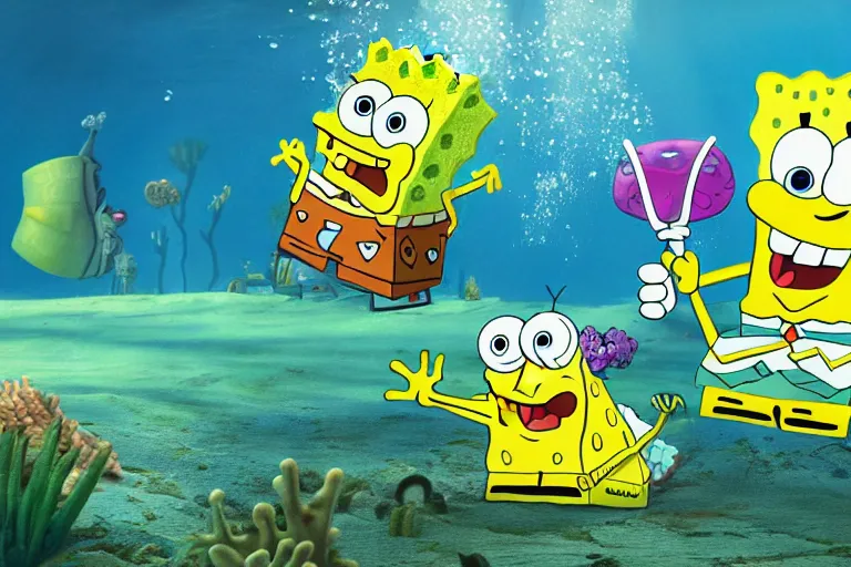 Image similar to SpongeBob is underwater outside a pineapple house, 8k, real photo, hyperrealism