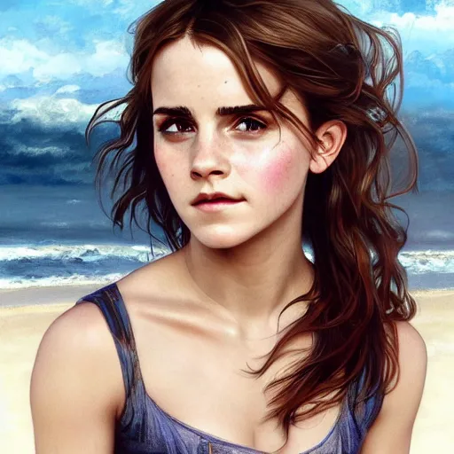 Prompt: ultra realistic illustration, wide angle shot, emma watson on a beach, intricate, elegant, highly detailed, digital painting, artstation, concept art, smooth, sharp focus, by artgerm and greg rutkowski and alphonse mucha