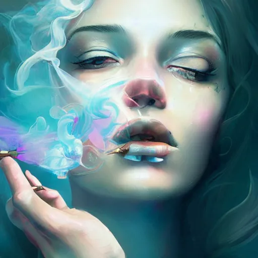 Image similar to a hyperdetailed portrait matte paitning of a beautiful woman blowing iridescent smoke depicted as a nebulous explosion, by vanessa lemen by charlie bowater by ross tran by beeple