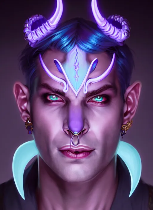 Prompt: symmetry!! portrait of a mischievous male purple and teal skinned tiefling with demon horns and piercings, glowing lights!! intricate, elegant, highly detailed, digital painting, artstation, concept art, smooth, sharp focus, illustration, art by artgerm and greg rutkowski and alphonse mucha