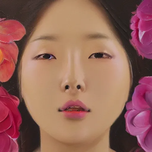 Image similar to beautiful highly detailed and expressive oil painting of a korean woman's face dissolving into petals, masterpiece, dynamic lighting, atmospheric