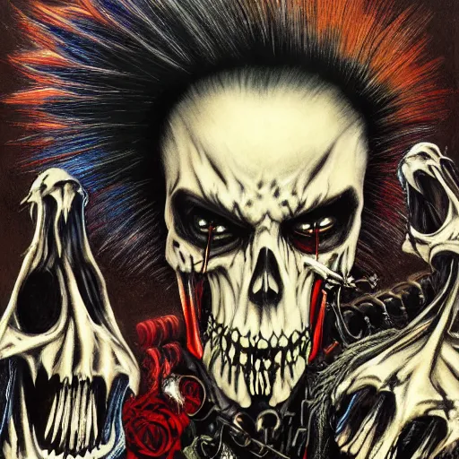 Image similar to a portrait of the grim reaper as a punk rocker, punk, skeleton face, mohawk, dark, fantasy, leather jackets, spiked collars, spiked wristbands, piercings, boots, electric guitars, motorcycles, ultrafine detailed painting by frank frazetta and vito acconci and virgil finlay and takeshi obata, death note style, detailed painting