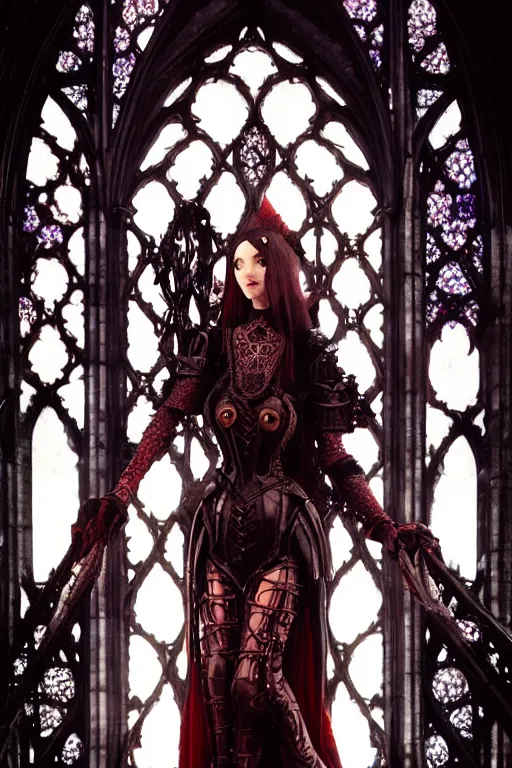 Image similar to beautiful luxury and gothic and victorian and evil medieval female reddish and black color armor knight portrait+smoky eyes+light flowing hair, in ruin gothic cathedral, ultradetail face, art and illustration by tian zi and craig mullins and WLOP and alphonse mucha, fantasy, intricate complexity, human structure, fantasy world concept, watermark, blurry, hyperrealism 8k