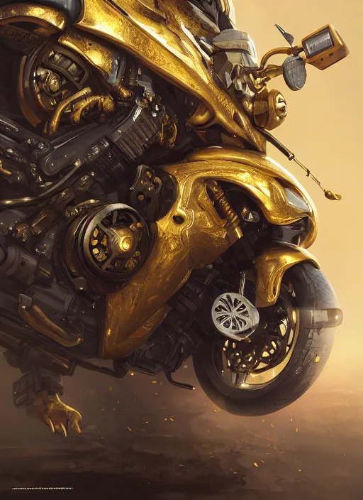 Image similar to golden scooter, cyberpunk, au naturel, hyper detailed, digital art, trending in artstation, cinematic lighting, studio quality, smooth render, unreal engine 5 rendered, octane rendered, art style by klimt and nixeu and ian sprigger and wlop and krenz cushart