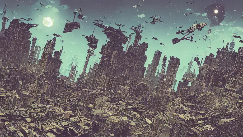 Image similar to very detailed, prophet graphic novel, ilya kuvshinov, mcbess, rutkowski, simon roy, illustration of decrepit arcologies skyline dystopian megacity with space junk floating in the sky on a dead planet earth, nature taking city back, flourishing jungle covering ruins, wide shot, colorful, deep shadows, astrophotography